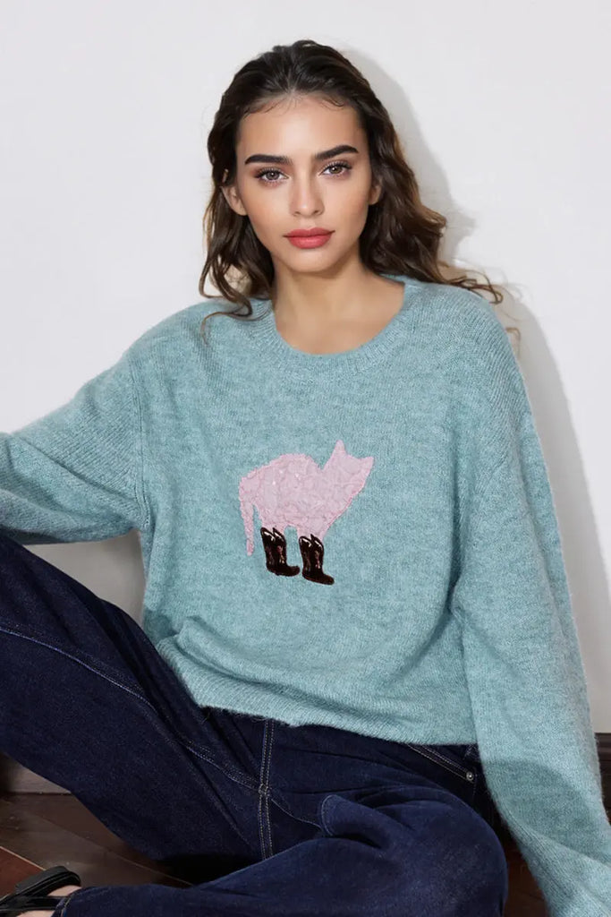 Fibflx Women's Cute Wool Blend Crewneck Pullover Sweater with Puss in Boots