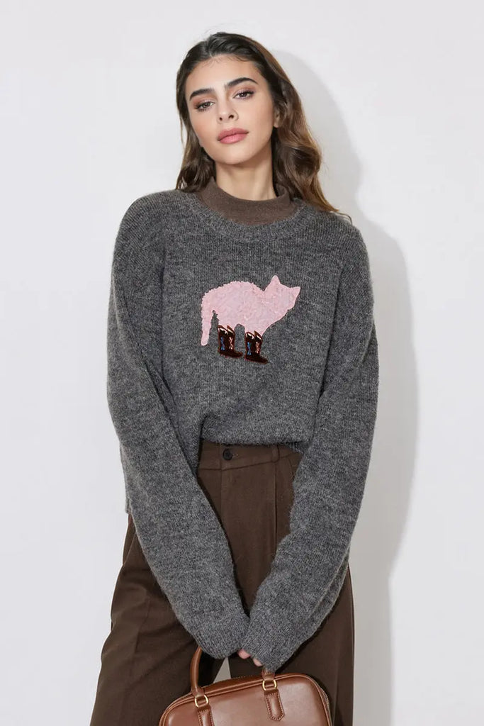 Fibflx Women's Cute Wool Blend Crewneck Pullover Sweater with Puss in Boots