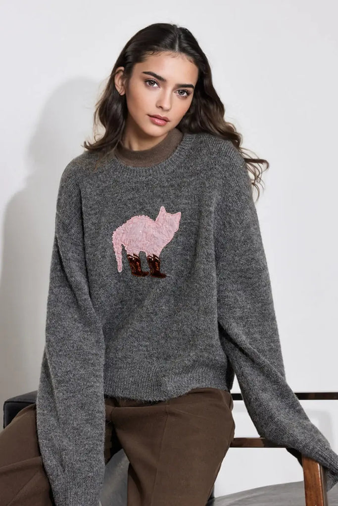 Fibflx Women's Cute Wool Blend Crewneck Pullover Sweater with Puss in Boots