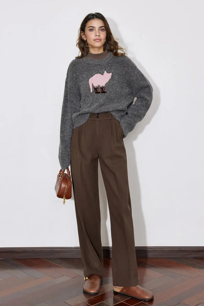 Fibflx Women's Cute Wool Blend Crewneck Pullover Sweater with Puss in Boots