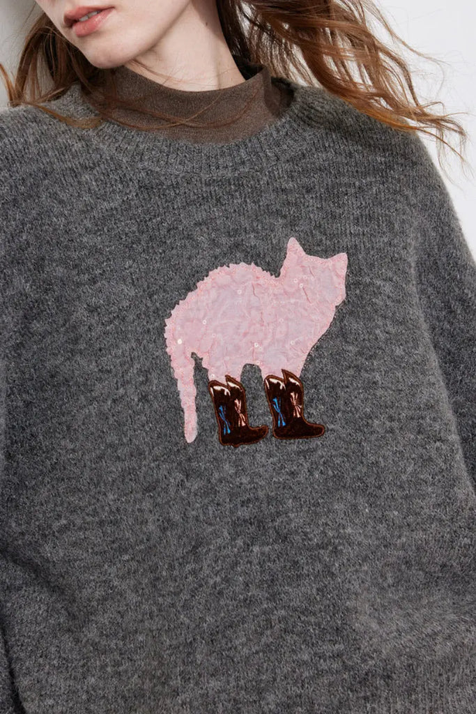 Fibflx Women's Cute Wool Blend Crewneck Pullover Sweater with Puss in Boots