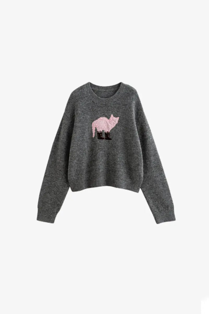 Fibflx Women's Cute Wool Blend Crewneck Pullover Sweater with Puss in Boots