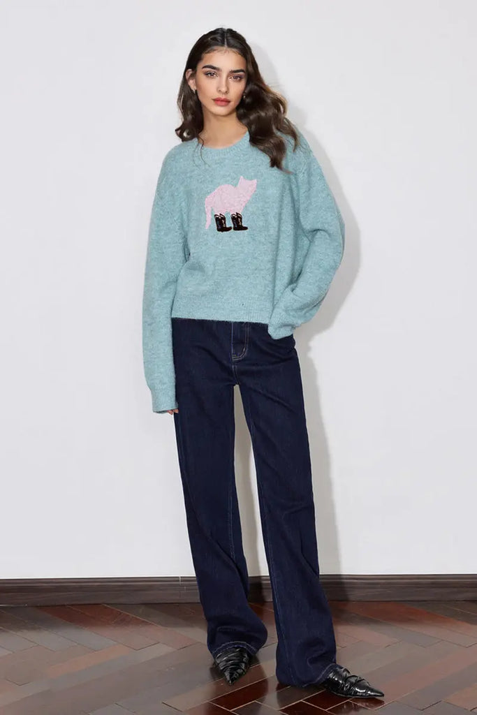 Fibflx Women's Cute Wool Blend Crewneck Pullover Sweater with Puss in Boots