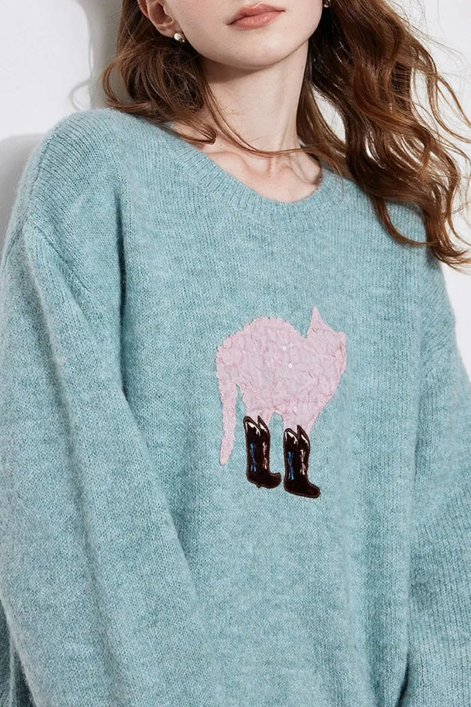 Fibflx Women's Cute Wool Blend Crewneck Pullover Sweater with Puss in Boots