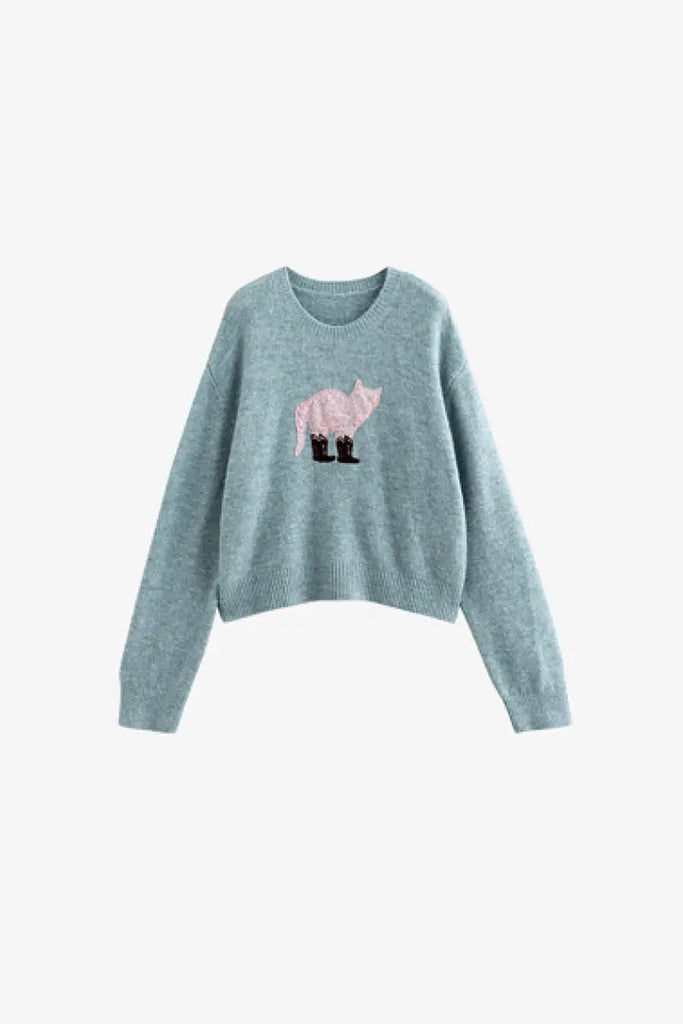 Fibflx Women's Cute Wool Blend Crewneck Pullover Sweater with Puss in Boots