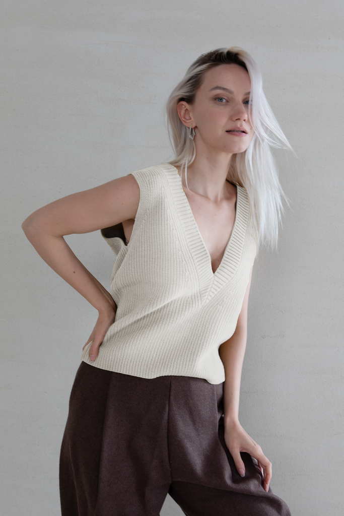 Fibflx women's clothes 100% wool deep v neck sweater vest deep plunge neckline knitted top spring fall winter layering gift white