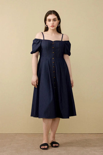 Denim-Inspired Off-Shoulder A-Line Midi Dress with Decorative Buttons - Fibflx