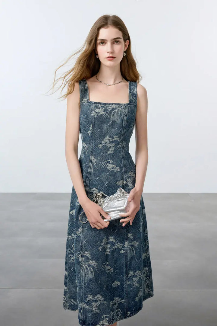 Denim Jacquard Square-Neck A-Line Midi Dress XS / Mid Blue Denim / 73.0% Cotton 16.5% Recycled Polyester 10.5% Spandex