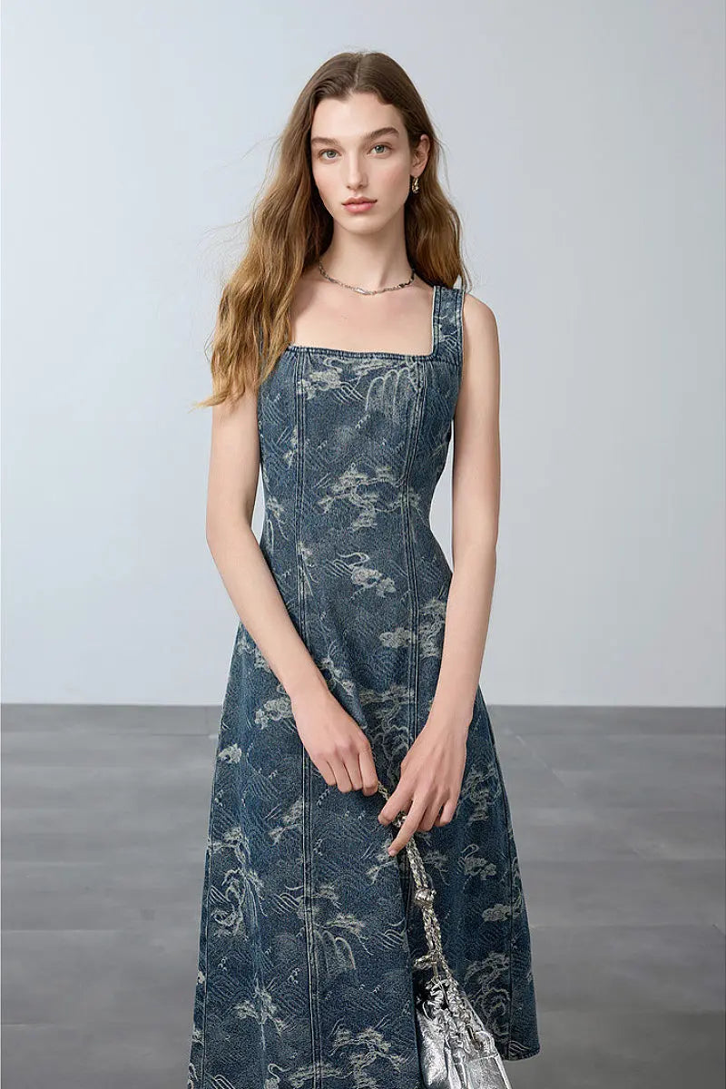 Denim Jacquard Square-Neck A-Line Midi Dress XS / Mid Blue Denim / 73.0% Cotton 16.5% Recycled Polyester 10.5% Spandex