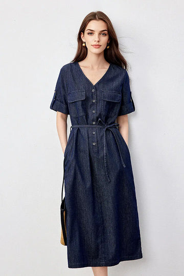 Denim Short-Sleeve V-Neck Midi Shirt Dress - Fibflx