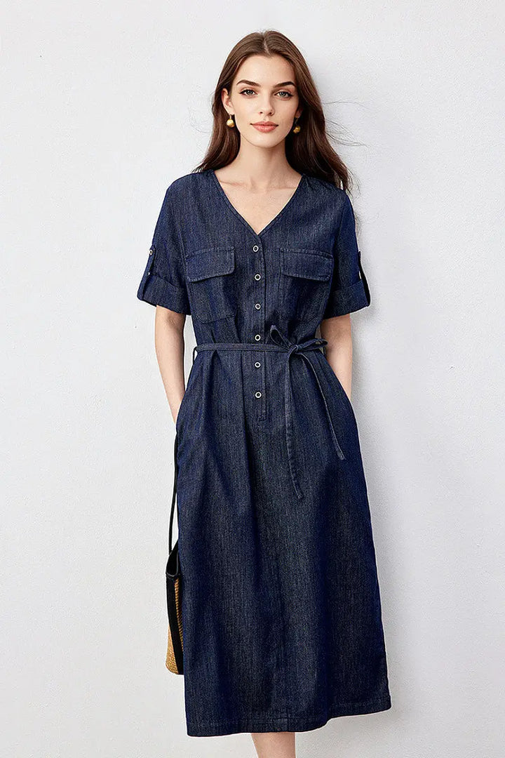 Denim Short-Sleeve V-Neck Midi Shirt Dress M / Mid Night Blue Denim / 81.6% Cotton 14.6% Recycled Polyester 3.8% Nylon