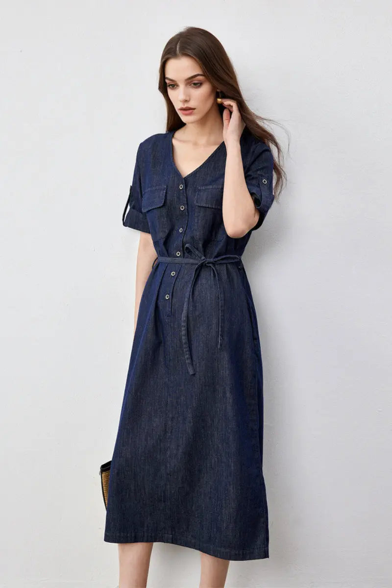 Denim Short-Sleeve V-Neck Midi Shirt Dress M / Mid Night Blue Denim / 81.6% Cotton 14.6% Recycled Polyester 3.8% Nylon