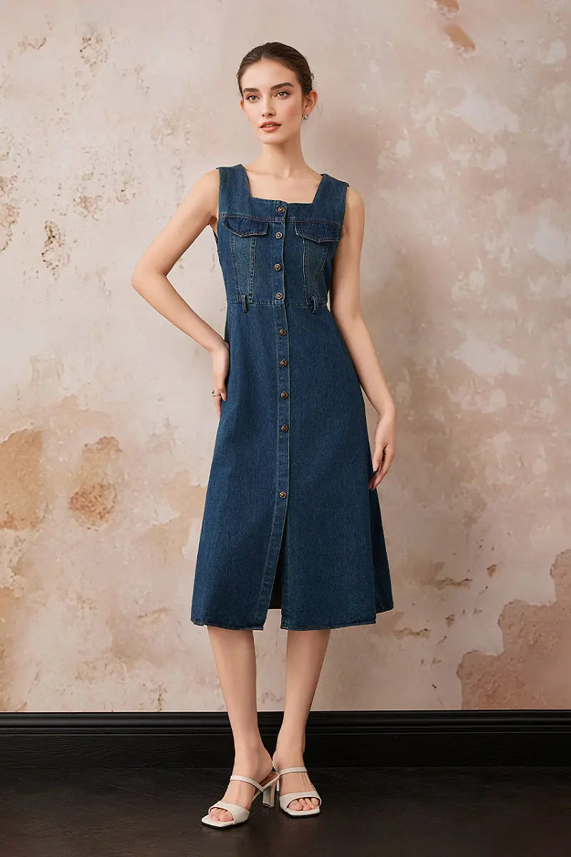 long denim shirt dress Denim Sleeveless A-Line Midi Shirt Dress L / Mid Blue Denim / 77.3% Cotton 11.9% Recycled Polyester 10.8% Regenerated Cellulose Fiber