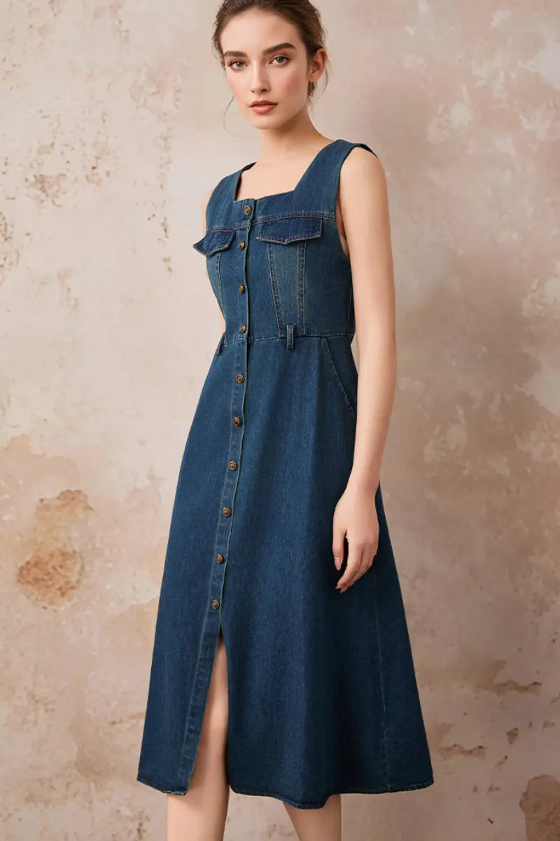 sleeveless denim shirt dress Denim Sleeveless A-Line Midi Shirt Dress L / Mid Blue Denim / 77.3% Cotton 11.9% Recycled Polyester 10.8% Regenerated Cellulose Fiber