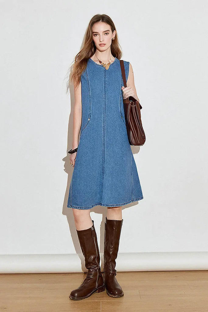Denim Sleeveless Shift Midi Dress with Pockets - Fibflx