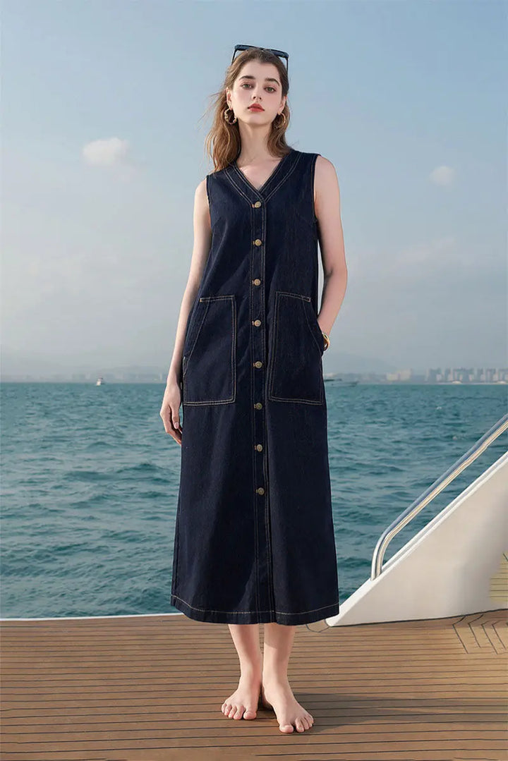 Denim V-Neck Vest Midi Dress with Pockets S / Mid Night Blue Denim / 71.4% Cotton 28.6% Lyocell