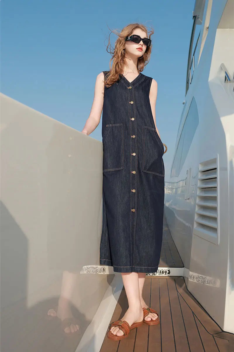 denim vest midi dress V-Neck with Pockets 5/14 Launch Fair warning Lorca in a Green Style:R83DM4032