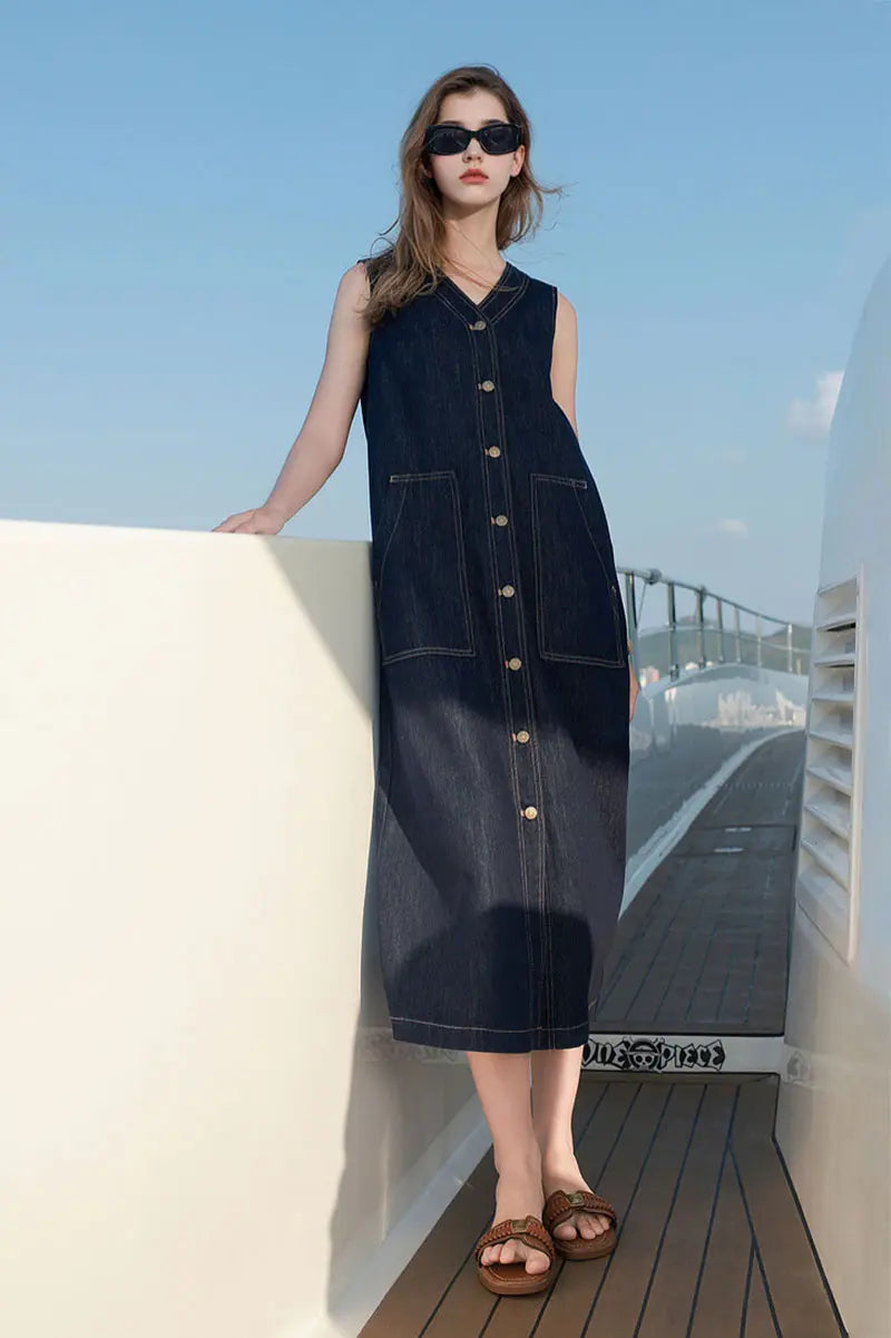 Denim V-Neck Vest Midi Dress with Pockets | FIBFLX