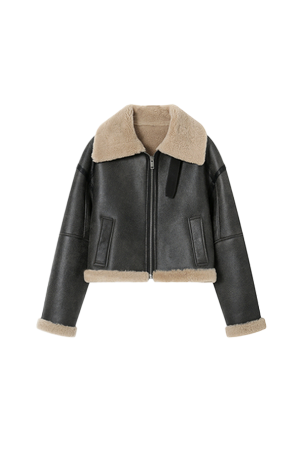 Fibflx Women's Vintage Shearling Collar Cropped Sheepskin Biker Jacket