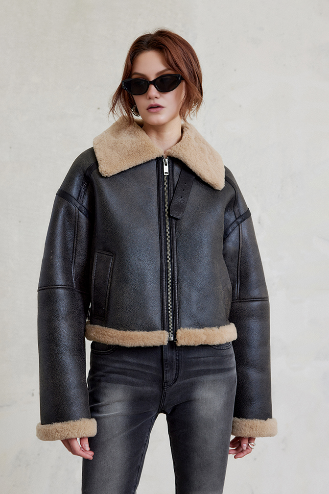 Fibflx Women's Vintage Shearling Collar Cropped Sheepskin Biker Jacket