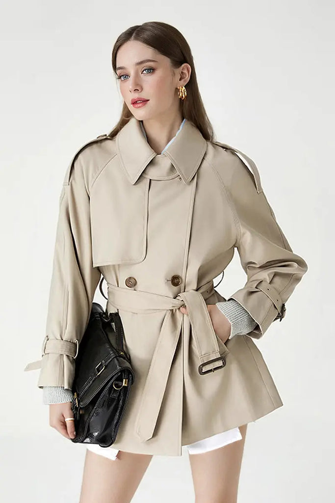 Fibflx Women's Double Breasted Short Trench Coat with Belt