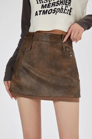 Fibflx Women's Double Layered Faux Leather Brown Mini Skirt