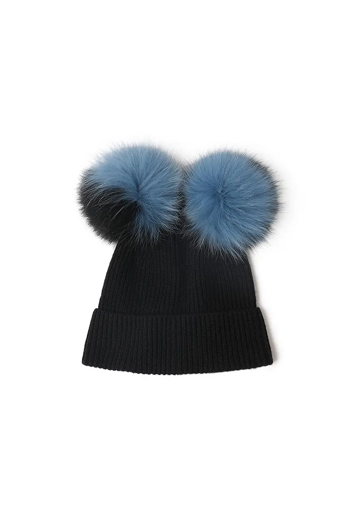Double Pom Pom Knit Cashmere Beanie In Black Fibflx