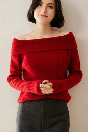 Fibflx Women's Elegant 100 Cashmere Off-the Shoulder Sweater