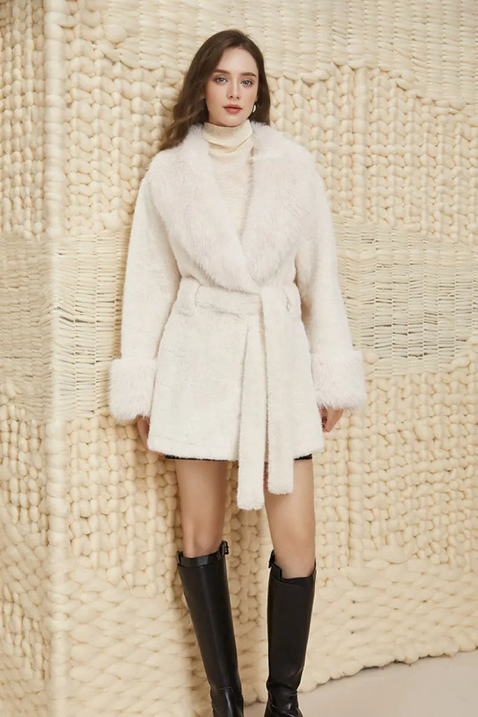 Fibflx Women's Elegant Belted Faux Fur Coat with Lapel Collar