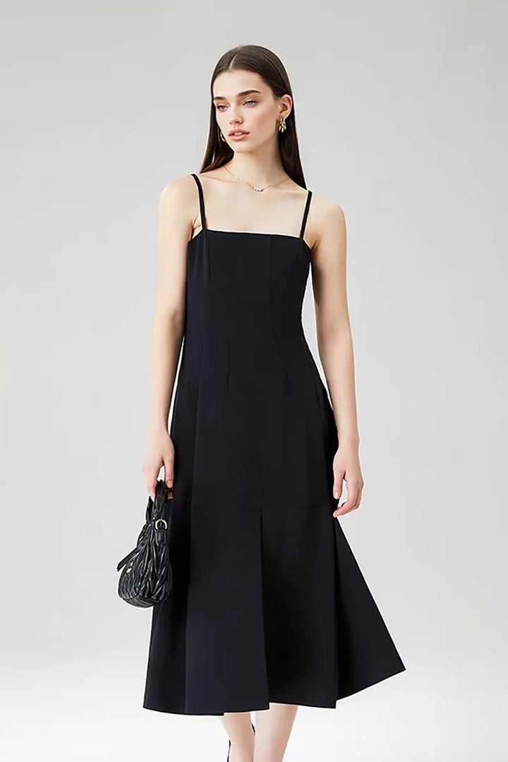 Elegant Black Spaghetti-Strap A-Line Midi Dress S / Black / 90% Polyester 10% Spandex