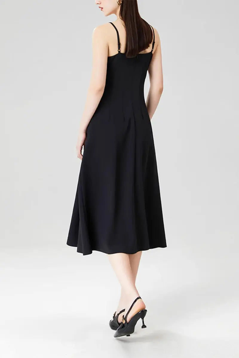 Elegant Black Spaghetti-Strap A-Line Midi Dress S / Black / 90% Polyester 10% Spandex