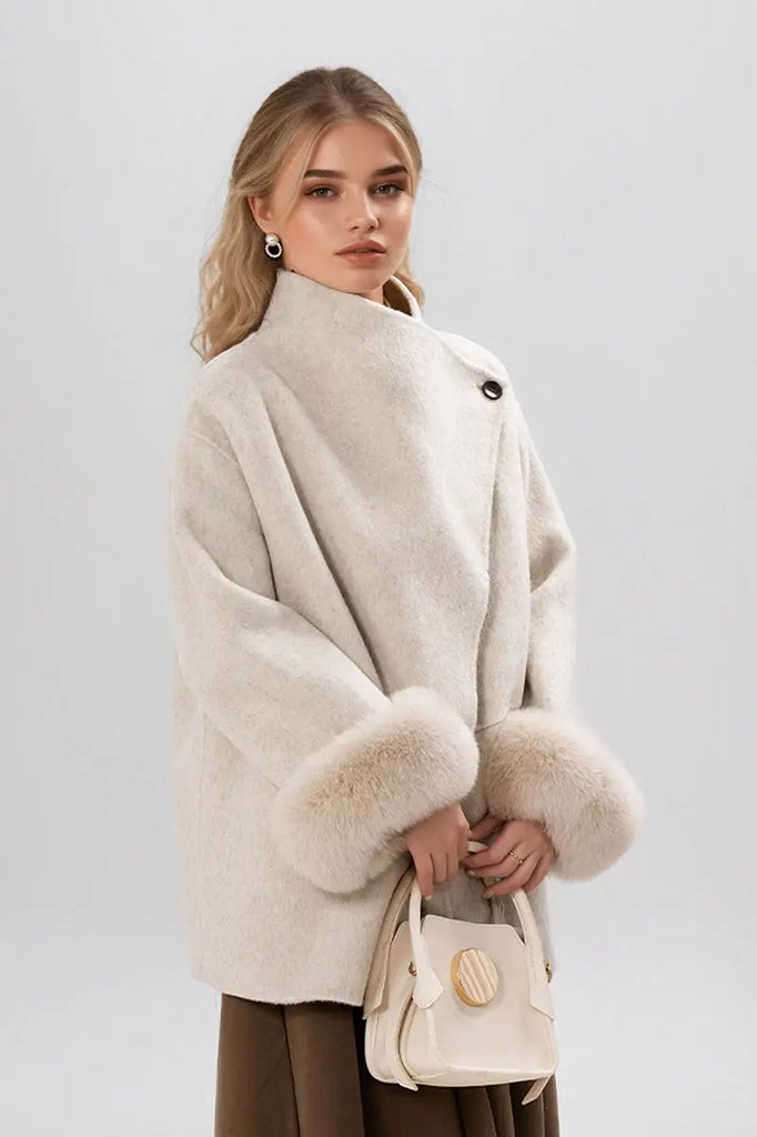 Fibflx Women's Elegant Double-Faced Wool Coat with Real Fox Fur Cuffs