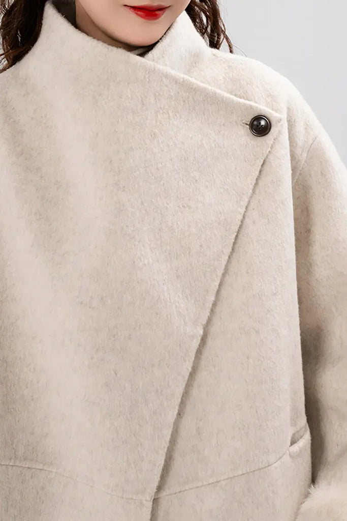 Fibflx Women's Elegant Double-Faced Wool Coat with Real Fox Fur Cuffs