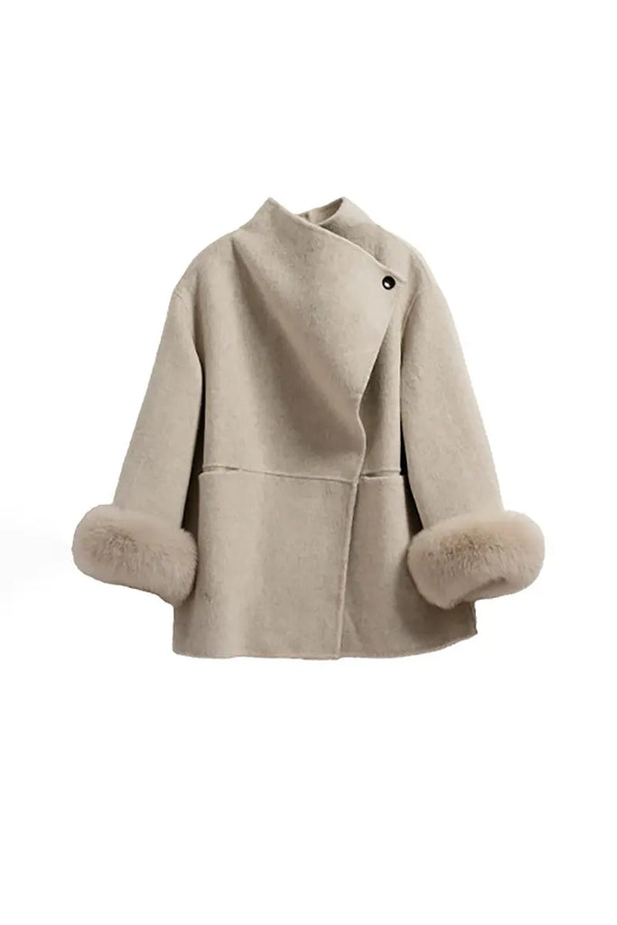 Fibflx Women's Elegant Double-Faced Wool Coat with Real Fox Fur Cuffs