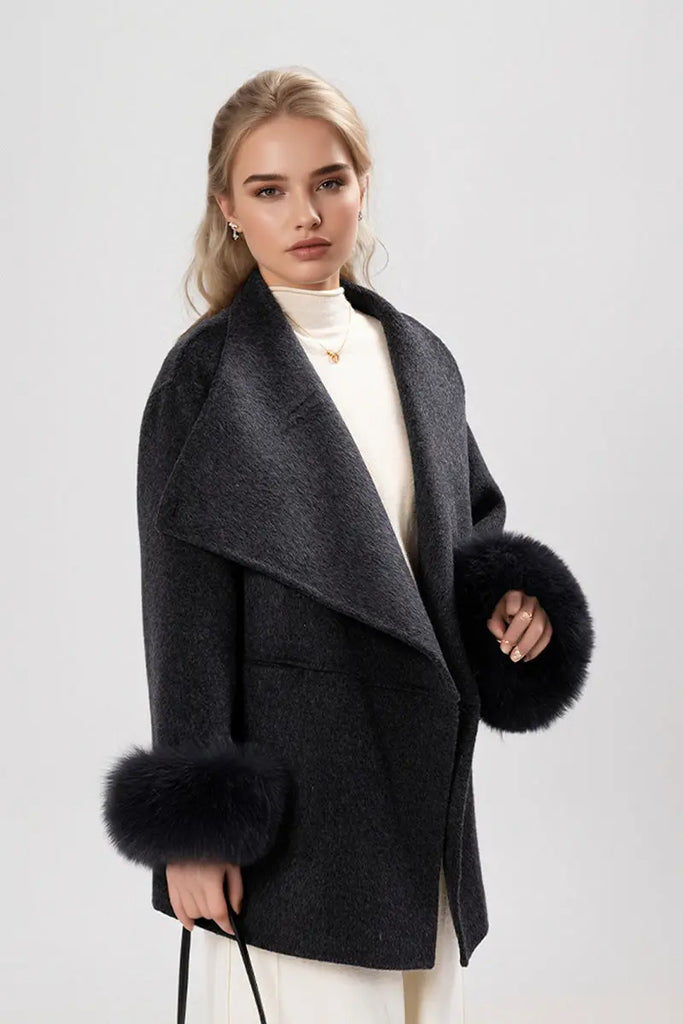 Fibflx Women's Elegant Double-Faced Wool Coat with Real Fox Fur Cuffs