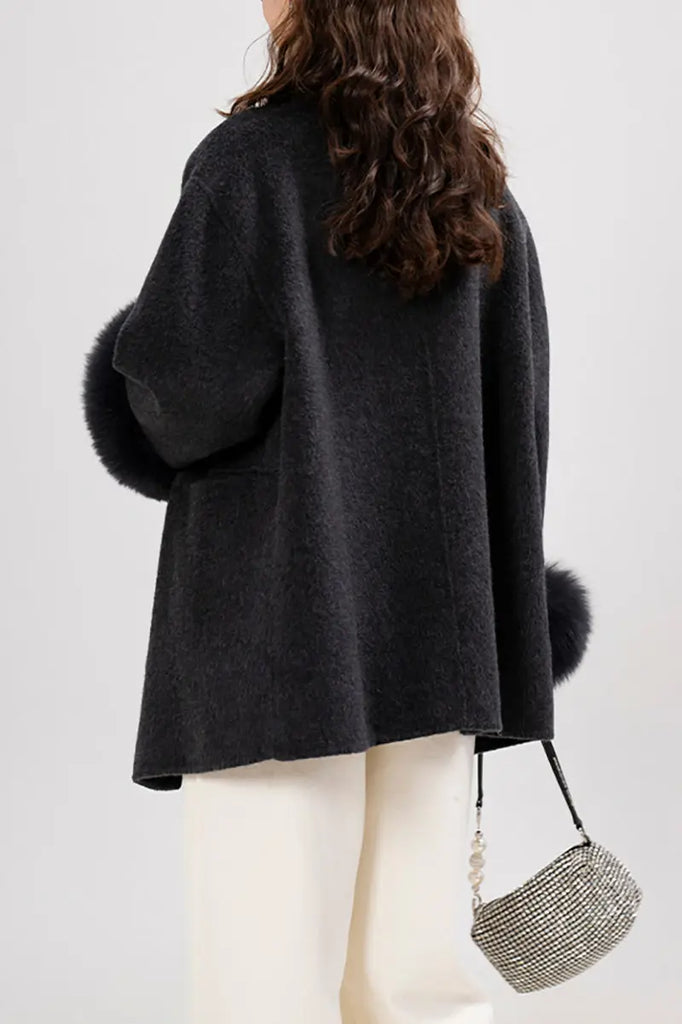 Fibflx Women's Elegant Double-Faced Wool Coat with Real Fox Fur Cuffs