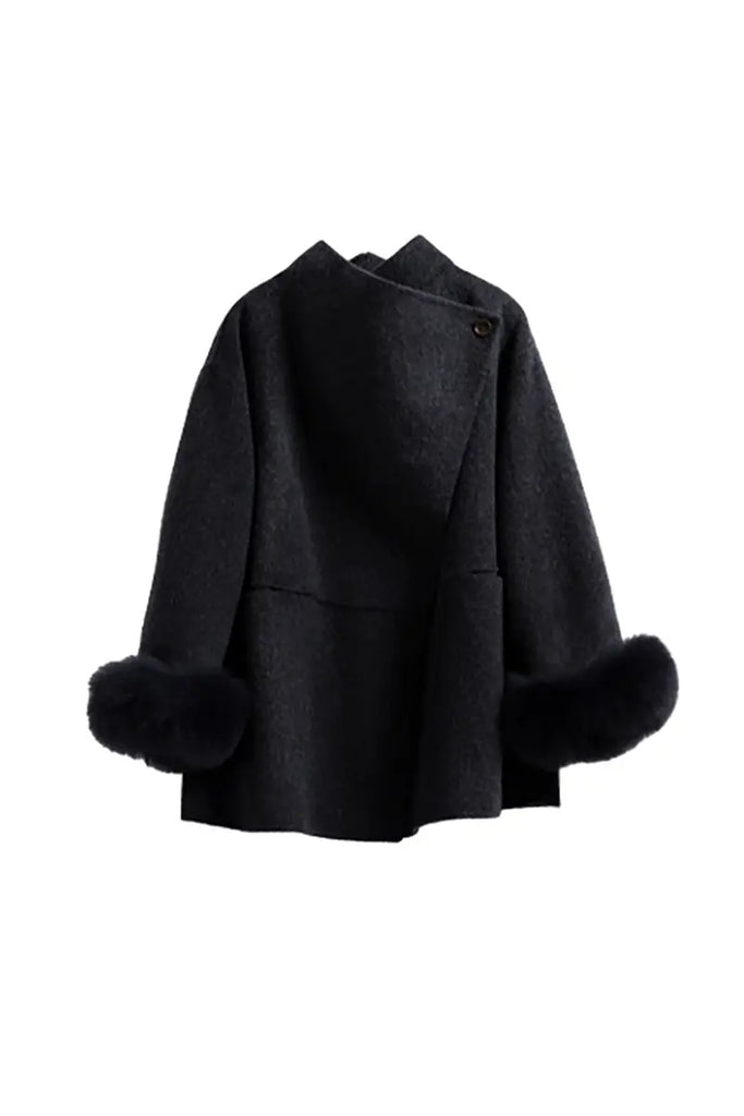 Fibflx Women's Elegant Double-Faced Wool Coat with Real Fox Fur Cuffs