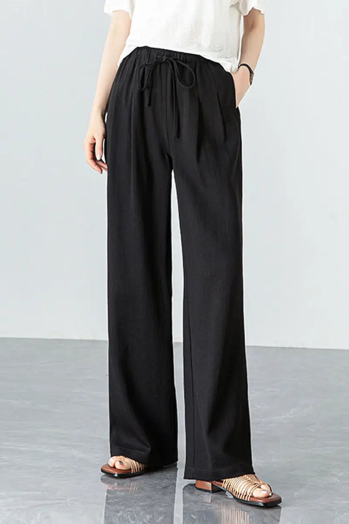 European Linen-Blend Straight-Leg Drawstring Pants XL / Black / 70% Lyocell 20% European Linen 10% Ny Fibflx