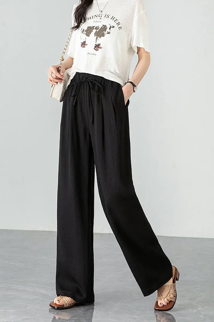 European Linen-Blend Straight-Leg Drawstring Pants  Fibflx