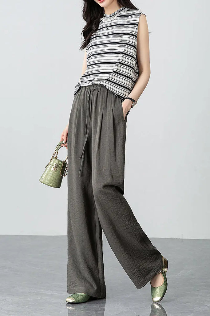 European Linen-Blend Straight-Leg Drawstring Pants  Fibflx