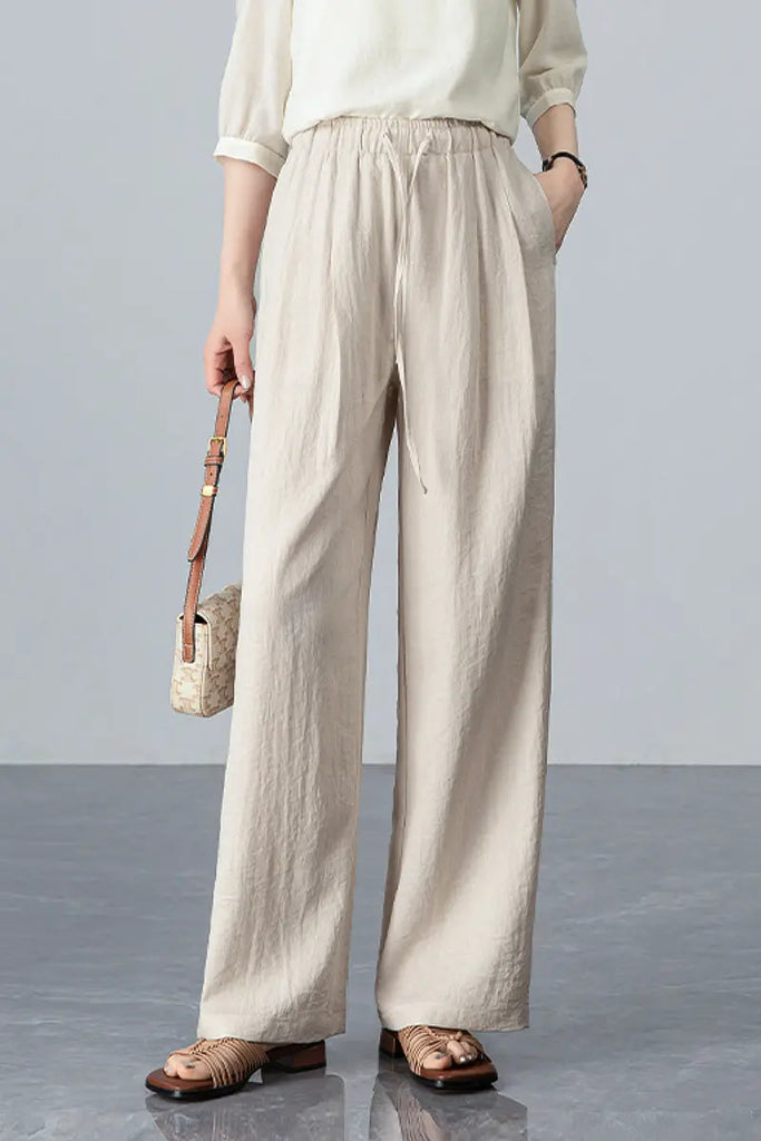 European Linen-Blend Straight-Leg Drawstring Pants XL / Oatmeal Beige / 70% Lyocell 20% European Line Fibflx