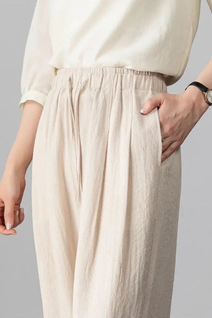 European Linen-Blend Straight-Leg Drawstring Pants  Fibflx