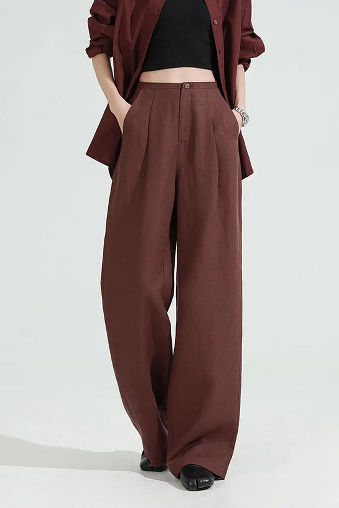 European Linen Pleated Wide-Leg Drape Pants L / Burgundy / 75% Lyocell 25% European Linen Fibflx