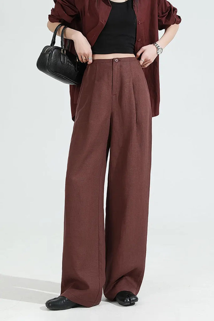 European Linen Pleated Wide-Leg Drape Pants  Fibflx