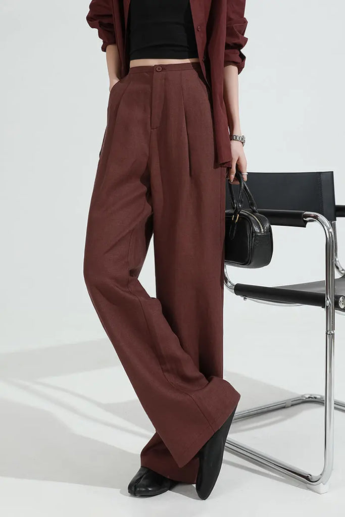 European Linen Pleated Wide-Leg Drape Pants  Fibflx