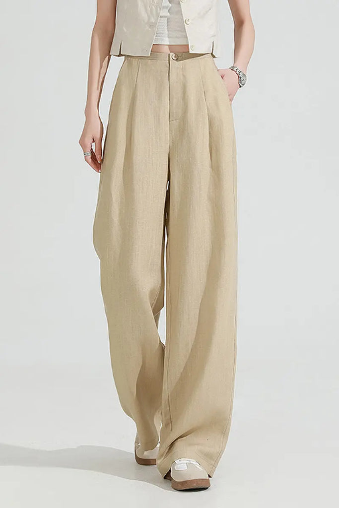 European Linen Pleated Wide-Leg Drape Pants L / Oak Beige / 75% Lyocell 25% European Linen Fibflx