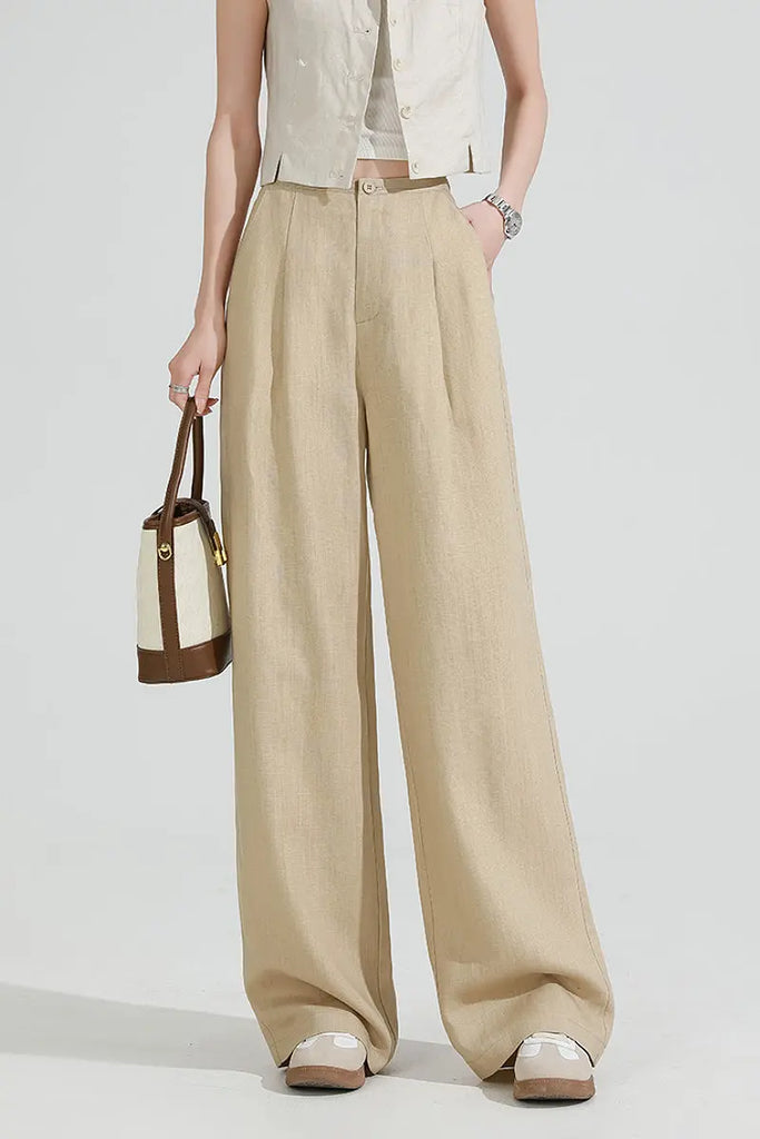 European Linen Pleated Wide-Leg Drape Pants  Fibflx