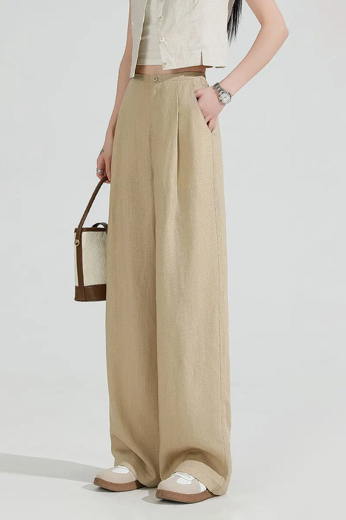 European Linen Pleated Wide-Leg Drape Pants  Fibflx