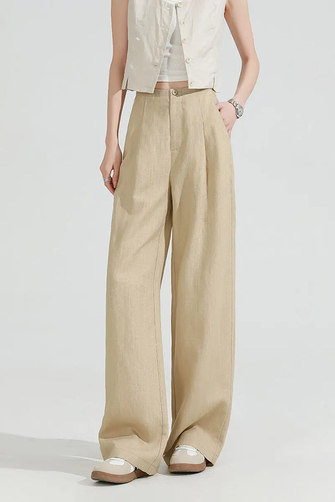 European Linen Pleated Wide-Leg Drape Pants  Fibflx
