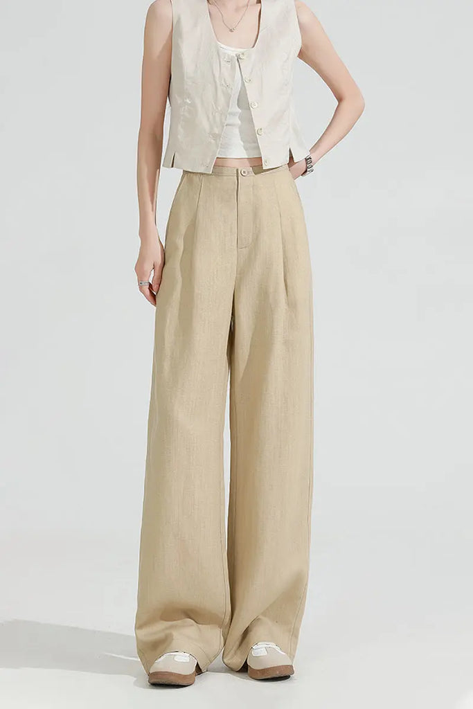 European Linen Pleated Wide-Leg Drape Pants  Fibflx